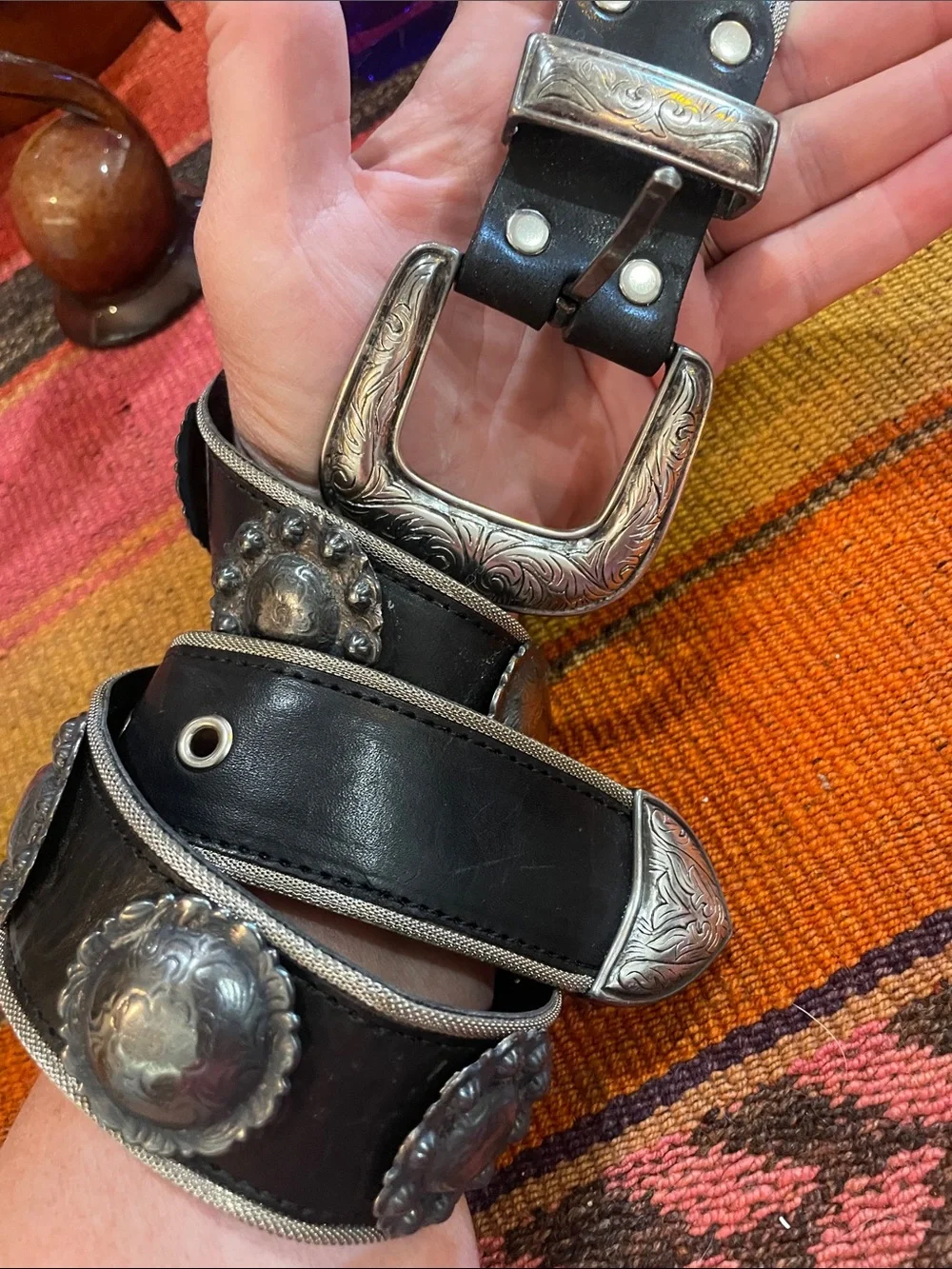 Another Line Black Western Faux Leather Belt with Engraved Pewter Conchos